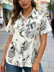 女士复古美人鱼图案白色衬衫，纹身风格短袖纽扣衬衫，宽松休闲夏季上衣 - 白色 - 查看 3