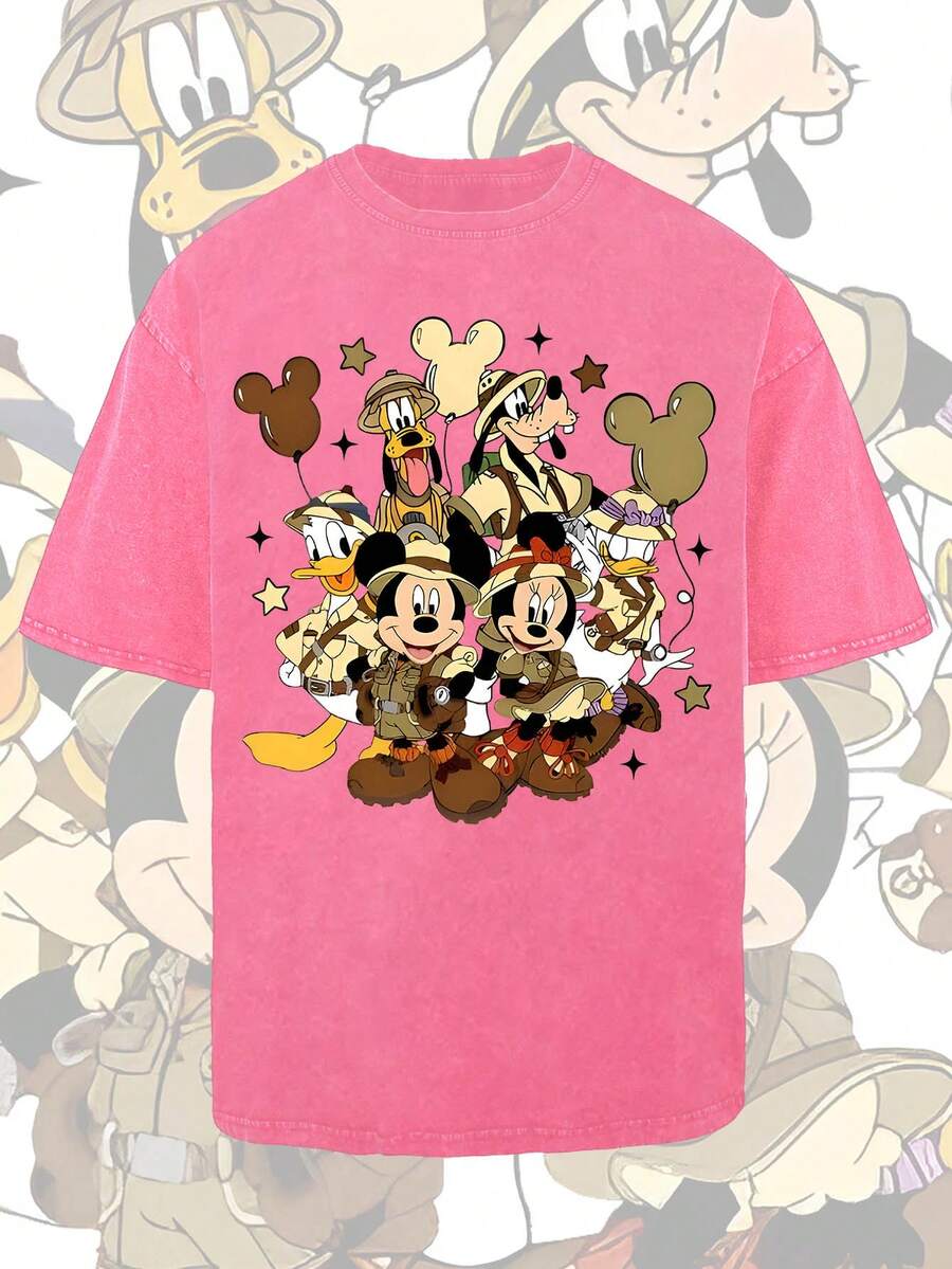 Disney Mickey Mouse And Friends Short-Sleeved Men's Summer T-Shirt, Distressed Effect, One-Piece Design, Pure Cotton Fabric, Comfortable And Breathable, Casual Outdoor Street Style, Crew Neck; A High-Quality Fashion Brand, It Is An Ideal Surprise Gift For Family And Friends. - 玫紅色 - 查看 1