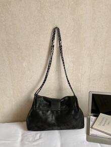 女士单肩包，翻盖软PU皮包，时尚优雅复古简约五金设计，金属链条，适合女性、女孩、大学生，适合购物、通勤，黑色 - 黑色 - 查看 8