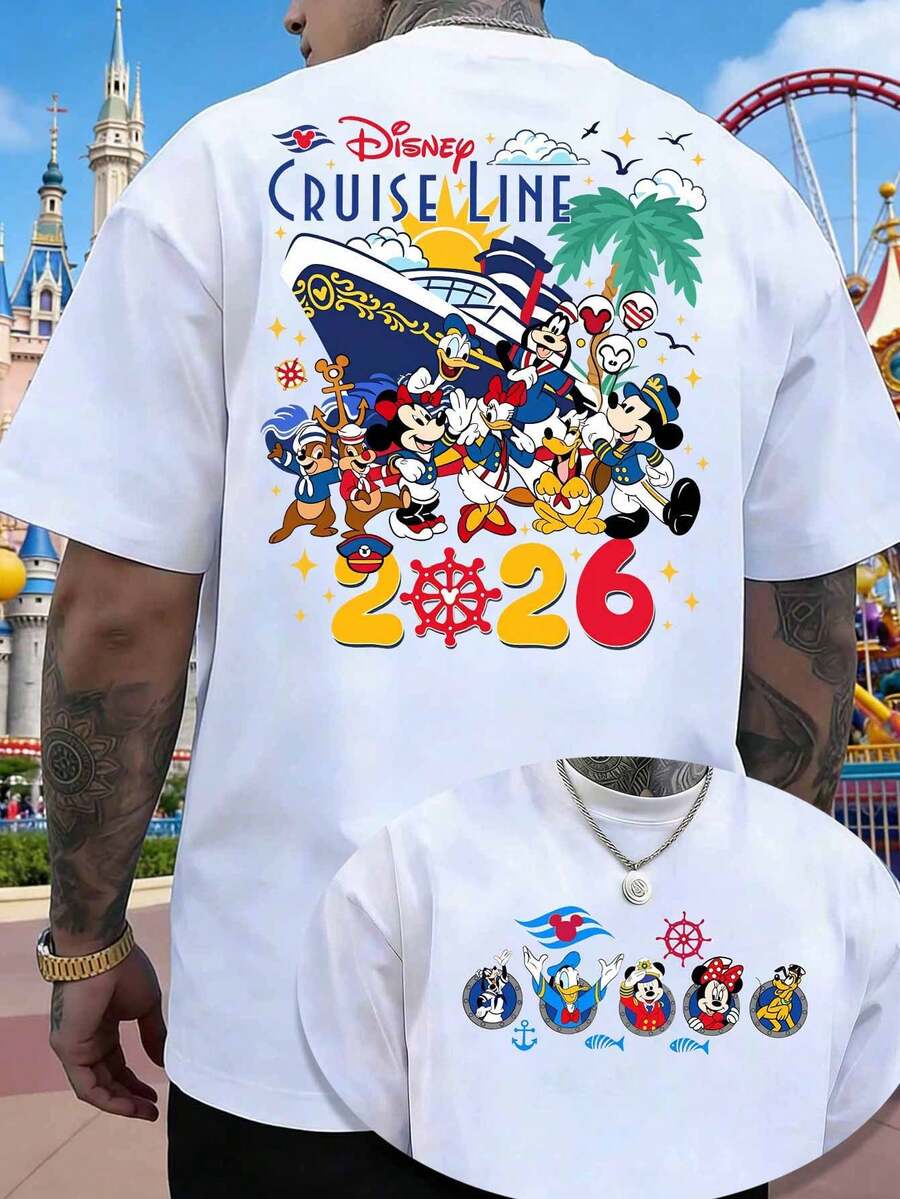 2026 Disney Cruise Commemorative T-Shirt, Featuring A Mickey Mouse Family Double-Sided Design, Men's Summer Crew Neck T-Shirt, Casual And Loose Fit, Unisex, Suitable For Everyday Wear, Outings, Commuting, And Parties. - White - View 1
