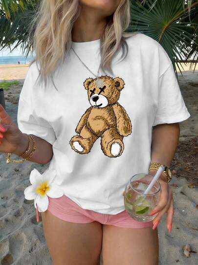 Plus-Size Women's T-Shirt, Women's Short-Sleeve Round-Neck T-Shirt, 100% Cotton, Machine Washable, Casual Pattern With Letters, Cute Cartoon Teddy Bear Print, Full Of Charm. Printed Design, 2026 Summer New Top, Suitable For Travel And Daily Wear