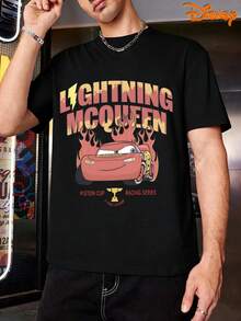 Disney Men's Casual T-Shirt, Lightning McQueen 95 Flame Print, Vintage Racing Design, Comfortable Fit, Perfect For Car Enthusiasts & Leisure Style - màu đen - Xem 2