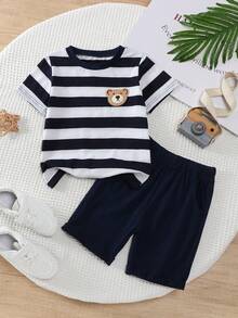 Ensemble short et t-shirt manches courtes pour garçons, col rond - bleu indigo - Voir 1