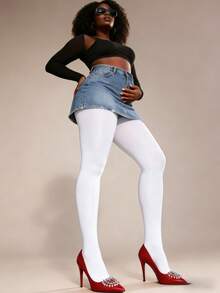 女士亮面白色连裤袜 - 高光泽弹力面料，多功能亮面打底裤，适合婚礼、派对和日常穿着 - 白色 - 查看 5