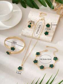 1 Set Women Jewelry: 1pc Lucky Four-Leaf Clover Pendant Necklace, 1pc Bracelet, 1 Pair Earrings, 1pc Ring, 1pc Bangle - 棕色 - 查看 2