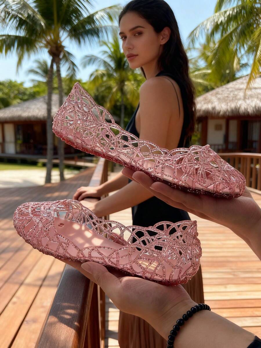 Sandalias de gelatina con punta cerrada, estilo hueco, planas y suaves para la playa, para mujer - Rosa - Ver 1