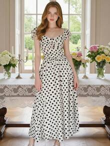 2025 Spring/Summer New French Style Polka Dot Dress, Waist-Cinching Design, Flattering, Spaghetti Strap Dress Elegant - Apricot - View 1