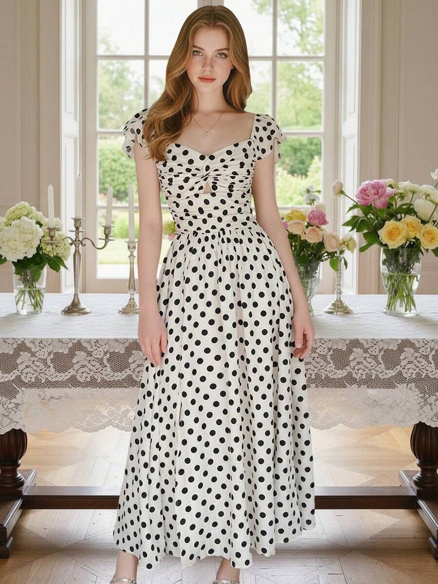 2025 Spring/Summer New French Style Polka Dot Dress, Waist-Cinching Design, Flattering, Spaghetti Strap Dress Elegant - Apricot - View 1