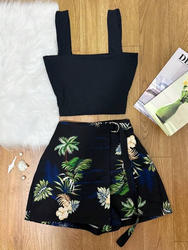 conjunto 2pcs de cropped suplex + sara com short estampado