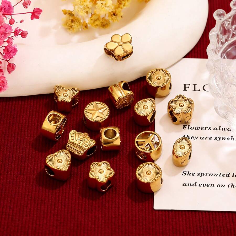 1 件不锈钢金色椭圆形圆形心形花朵大孔珠隔珠，适用于手链、项链、金属发饰等饰品制作。 - 金黃色 - 查看 1