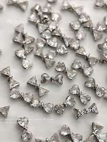 10pcs New Mini French Bow Zirconia Nail Art Decorations, Ultra Shiny 3D Silver Bow Zirconia Nail Jewelry Nail Charms - White - View 4