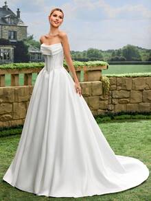 Elegant, Noble And Cute White Satin Faux Pearl Decor Style A-Line White Wedding Dress Bridal Gown With Train Spring - White - View 4