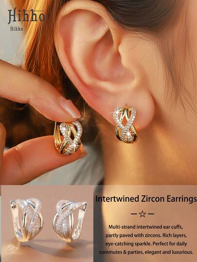 Hihho 1 Pair Interwoven Zirconia Hoop Earrings, Delicate And Elegant Women's Fashion Earrings Suitable For Daily Commute, Parties, And Dates, Easily Elevate Your Style, Great Gift For Friends