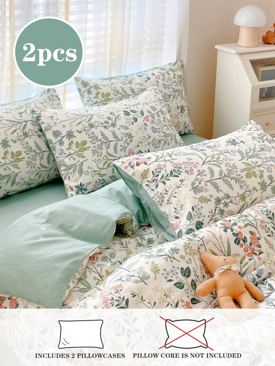 2-Piece Set, Fresh Green Floral Print, Super Soft, Cute Girl Pattern, Fresh And Compact, Suitable For Spring And Summer, Bedding, Pillow Inserts Not Included, Twin/Full/Queen/King Size - Mint Green - View 1