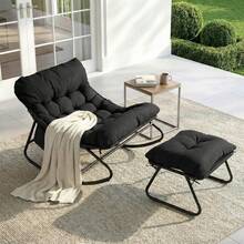 Rocking Chair With Footstool, Patio Rocking Lounger, Rocking Armchair With Upholstered Cushion, Load Capacity Up To 150 Kg, Waterproof Cushion, For Garden, Balcony, Living Room, Yard, Bedroom, Terrace - Black - View 2