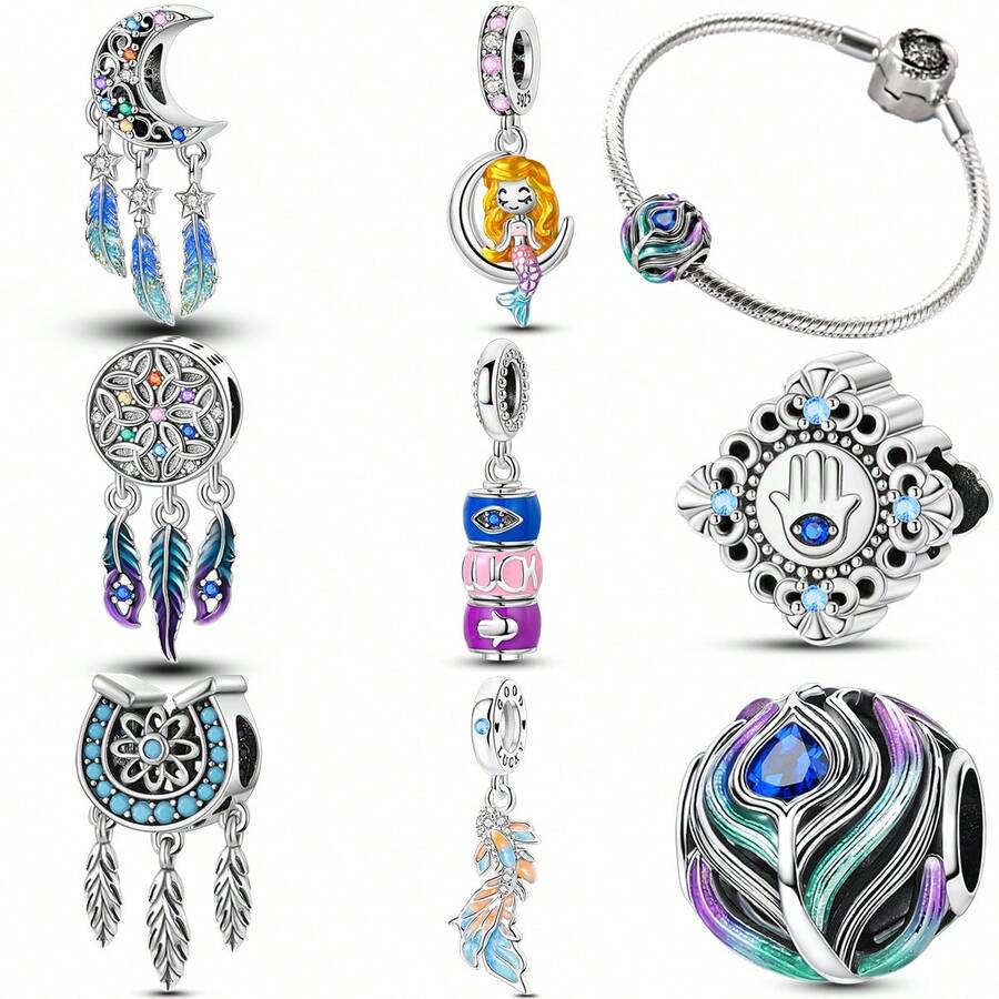 1 件装时尚闪亮珠子吊坠，镀银，适合手链项链 DIY 节日礼物 - 彩色 - 查看 1