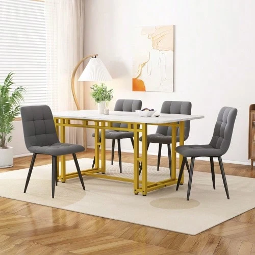 Gold Dining Table 120 X 70 Cm With 4 Matching Chairs, Modern Kitchen Table And Chair Set, Dark Grey Velvet Chairs, Table With Gold Iron Legs - Grey - View 1