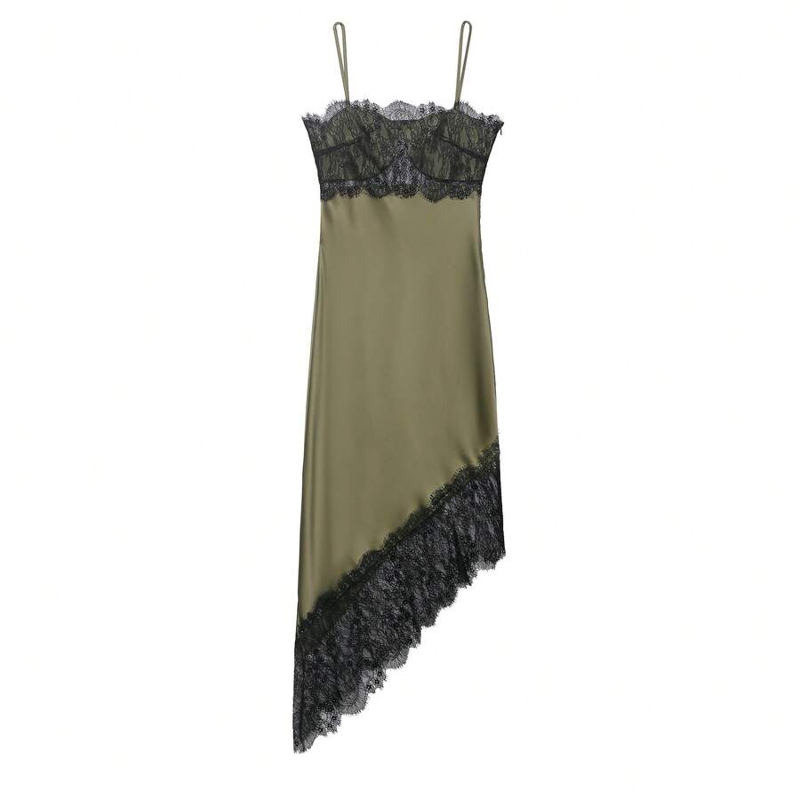 Vestido de satén con encaje asimétrico y estilo sexy, de moda para mujer en verano, con estilo elegante europeo y americano - Verde Oliva - Ver 1