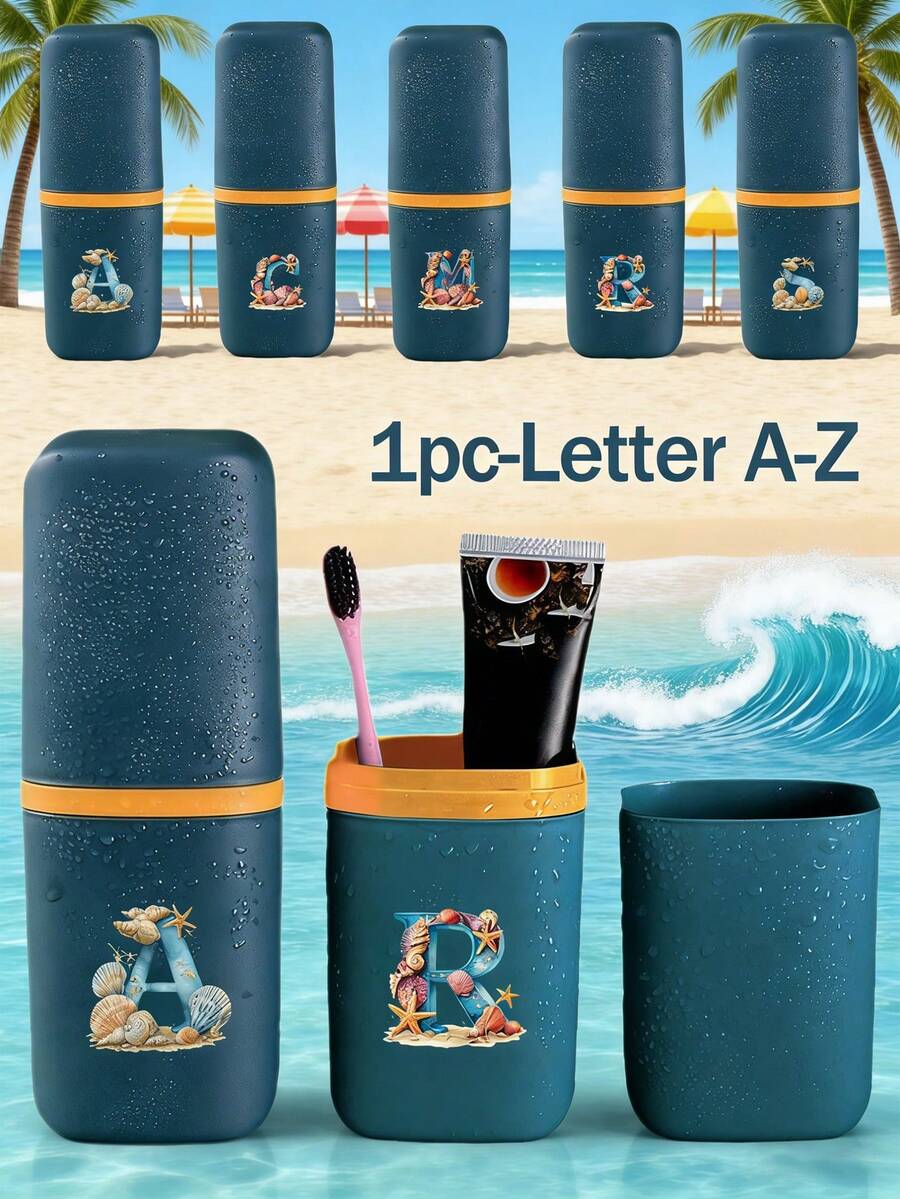 便携式旅行牙刷盒，印有A-Z字母和贝壳图案，浴室用品，户外旅行牙刷牙膏收纳盒，字母系列印花防尘整理盒，旅行必备，返校用品，假日露营必备，暑假用品，浴室收纳，家居收纳