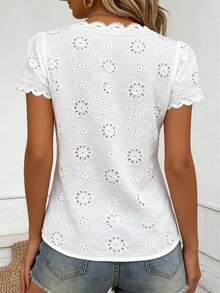Women's Romantic Hollow V-Neck Short Sleeve Top, Casual Chic Versatile Elegant Blouse White Summer - White - View 2