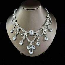 1 Set Exaggerated Crystal Water Drop Pendant Necklace And Earrings Set, Luxury Party Evening Dress Jewelry For Women - Silver - View 5