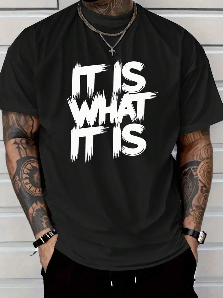 2026.Tops.IT IS WHAT IT IS Men's Red Patterned T-Shirt - Casual Short-Sleeve Round Neck, Striking Statement Print, Comfortable For All Seasons, Machine Washable, Simple Fit Top - Black - View 1