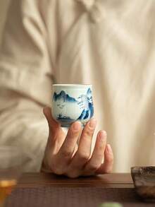 1个/2个/4个全新复古青瓷釉零钱包杯，陶瓷茶杯，功夫茶具，中式釉下彩绘青山图案个人主杯，客杯，适合赠送长辈、亲戚、老板。适合日常使用、聚会、派对。 - 彩色 - 查看 6
