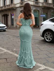 Faeriesty 女士精致串珠亮片美人鱼礼服，无肩带无袖长款设计，带罩杯细节和鱼骨支撑，是优雅派对的理想之选。 - 綠色 - 查看 3