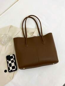 New Elegant Patchwork PU Tote Bag, Foldable Large Capacity Handbag, Fashionable Commuter Bag For Women, Suitable For Daily, Work, Travel, Vacation, Great Gift For Mom - Coffee Brown - View 3