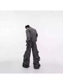 Vaqueros para hombre estilo callejero americano 2026 vintage y desgastados con efecto post - apocalíptico lavados arrugados flare leg anchos de moda para fiestas de Año Nuevo y temporada de invierno en  fin de año - Gris - Ver 4