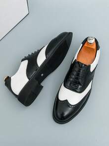 黑色时尚皮鞋，韩版商务正装鞋，男士休闲皮鞋，系带舒适正装鞋，尖头德比鞋，软皮奢华派对鞋 - 黑與白 - 查看 3