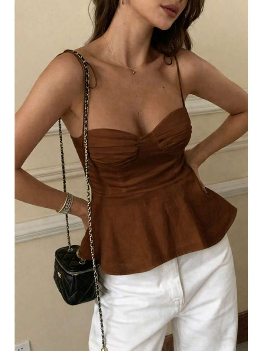 1 Piece Women's Casual Top With Ruffled Hem, Elegant Pure White Minimalist French Tank Top, Fitted Cropped Camisole, Lightweight For Vacation And Work, Front Tied Strap, Sexy Babydoll Silhouette, Spring/Summer/Autumn - 鏽棕色 - 查看 1