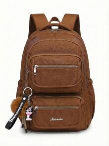 Casual Nylon Backpack With Large Capacity And Cute Charm For School - Brown - View 1