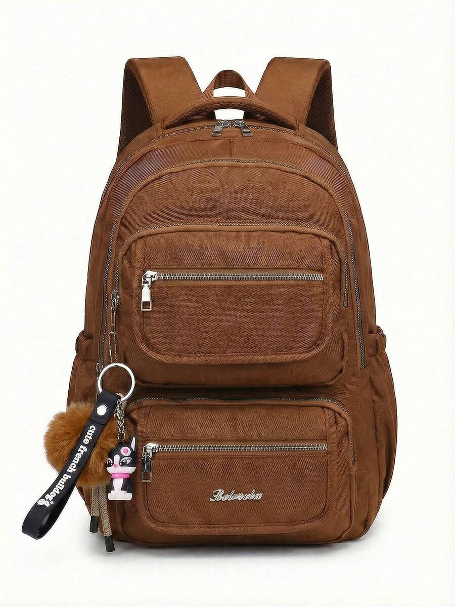Casual Nylon Backpack With Large Capacity And Cute Charm For School - Brown - View 1