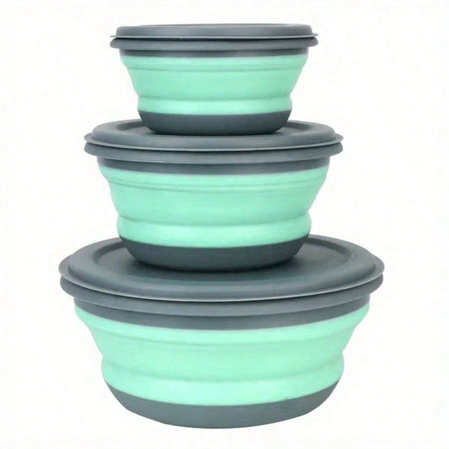 3pcs Silicone Folding Bowl With Lid - Portable Tableware, Suitable For Outdoor Travel, Picnics And Camping - Kitchen Extendable Folding Salad Plate And Food Bowl - Christmas And Valentine's Day Gift - Diameter 4.7/5.9/7.48 Inches - 3pcs - Pink - View 1