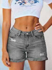 Women's Casual Loose Solid Color Cuffed Denim Shorts, Versatile For Daily Wear Summer - Light Grey - View 6