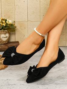 Giày búp bê nữ mũi nhọn đính đá và nơ, kiểu dáng slip-on, cổ thấp, phù hợp cho mùa xuân và mùa thu, cỡ lớn. - màu đen - Xem 2