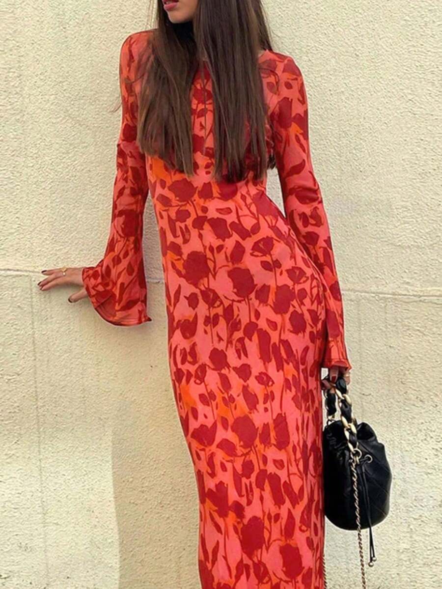 Đầm dài tay cổ tròn in hoa thanh lịch dành cho nữ, thích hợp mặc đi dự tiệc hoặc ngày Valentine. Đầm dự tiệc cưới, đầm hoa ngoài trời dành cho nữ.