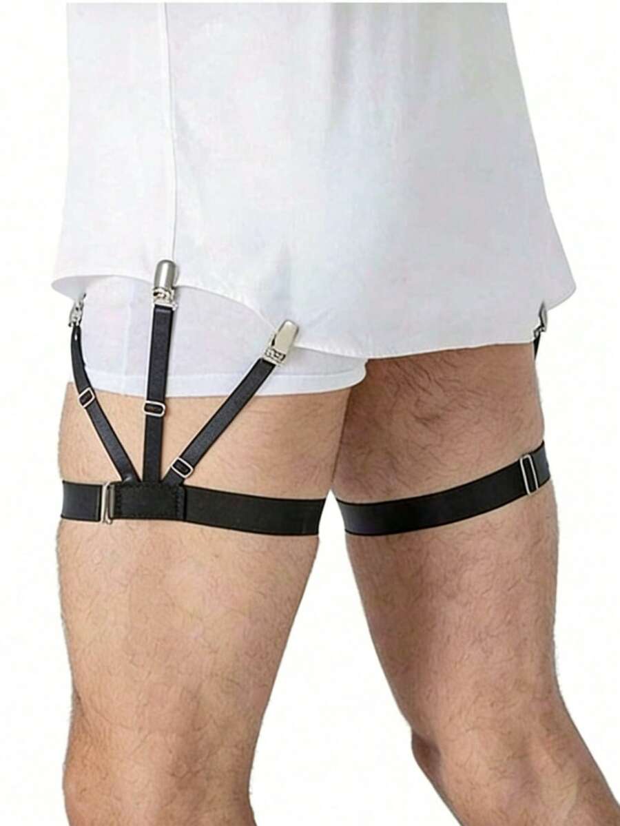 男士衬衫固定带一双，可调节弹力衬衫吊袜带，欧美商务百搭袜式吊带，街头朋克风配饰 - 黑色 - 查看 1