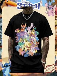 Disney Official Licensed Lilo & Stitch Experiment Family Group Print 220g Cotton Crew Neck Unisex Tee - 黑色 - 查看 1