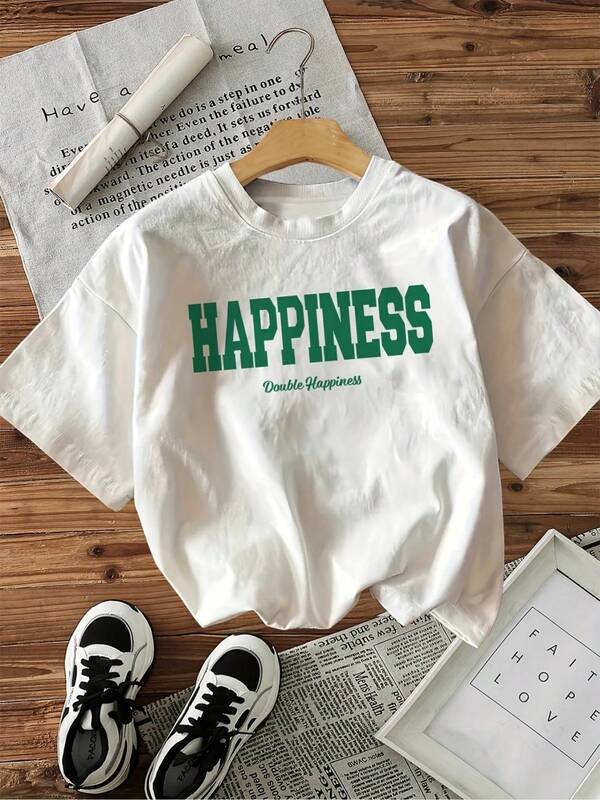 Happiness Letter Print Short Sleeve Round Neck T-Shirt Warehouse Delivery Soft Cotton Comfort Enjoy Discount Suitable For Easter Halloween Thanksgiving Christmas And So On