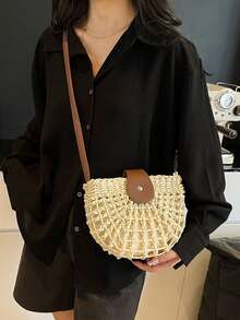 时尚半圆形镂空单肩包，个性化斜挎包，春季新款通勤包，礼品，女士沙滩包 - 彩色 - 查看 6