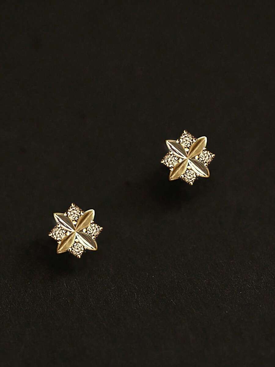 1对S925纯银幸运四叶草耳钉，女士菱形锆石镶嵌小花瓣耳环，甜美优雅ins风耳钉，日常佩戴和送礼皆宜 - 四葉草 - 查看 1