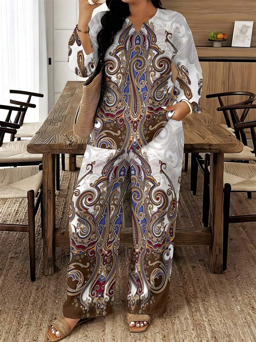 2026 New Style A Set Of Retro White-Based Pattern Woven Fabric Casual And Unconstrained Women's Plus-Size Printed Two-Piece Set For Spring, Autumn And Summer, Suitable For Valentine's Day, Home Wear, Travel, Couple Gifting And Daily Wear, White-Based Pattern Retro Style Suit - 彩色 - 查看 1