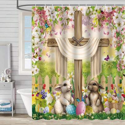 1pc Easter Shower Curtain, Spring Easter Bathroom Shower Curtain, Colorful Floral Shower Curtain Set, Suitable For Bathroom Bathtub Partition, Bathroom Shower Curtain Decoration, Bathroom Accessories