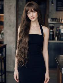 32 Inch Long Cool Brown Wavy Wig For Women - Bangs, Heat-Resistant Synthetic, Adjustable Fit - Brown - View 1