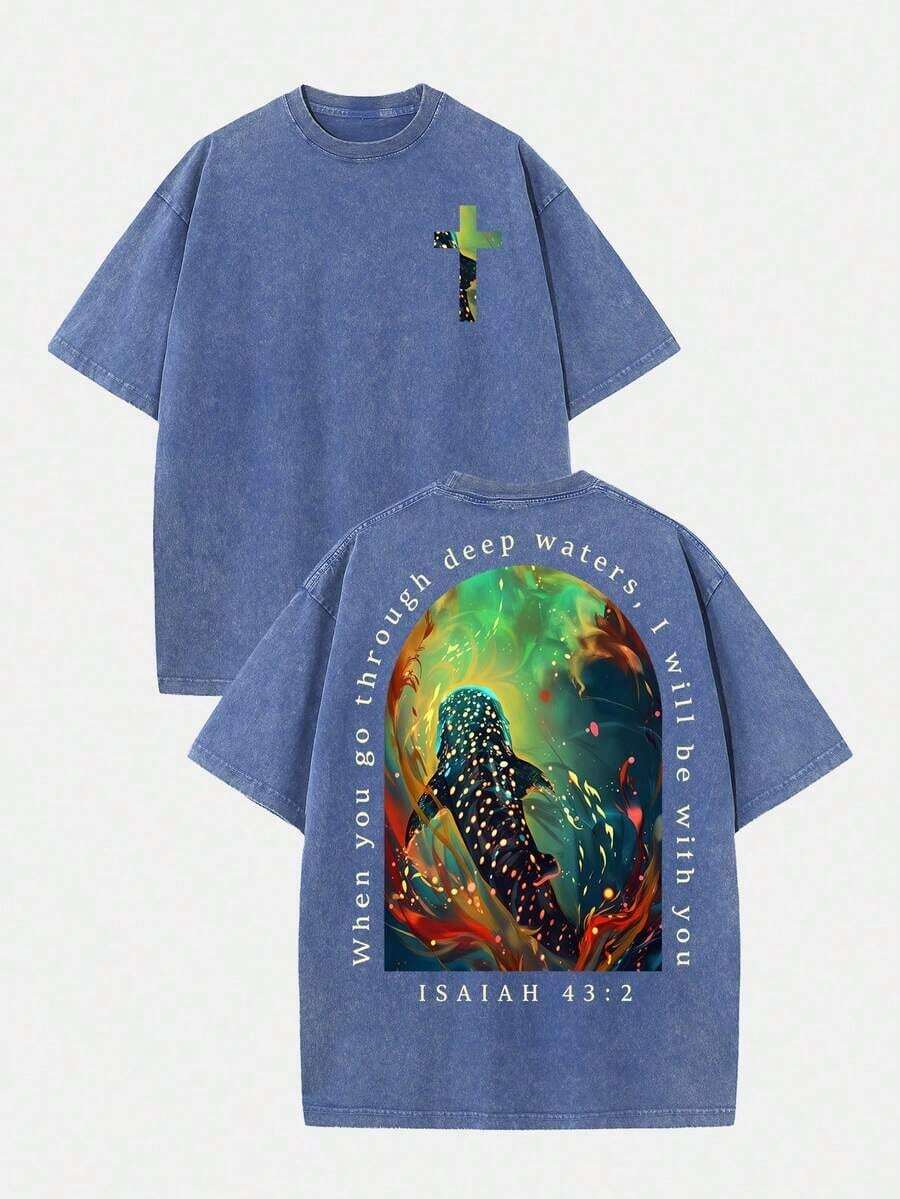 2026 Summer Clothes(230g T-Shirt) Loose Washed Cotton "When You Go Through Deep Waters" Turtle Graphic T-Shirt, Comfortable Christian Faith Tee With - Blue 3 - 查看 1