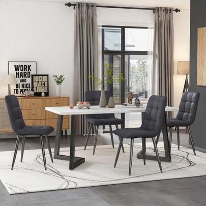 Rectangular Dining Table And Chairs Set Of 117 Cm With 4 Chairs, Modern Style, Dark Grey Linen Chairs, Black Table Legs.