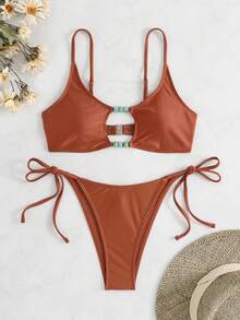 Hollow Design Solid Color Beaded Hollow Camisole Bikini Set Vacation Beach Summer - Brown - View 8