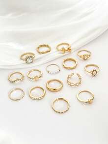 15pcs/Set European And American INS Style Imitation Gem Rings, Faux Pearl Flower Geometric Crystal Bowknot Ring Set - Gold - View 3